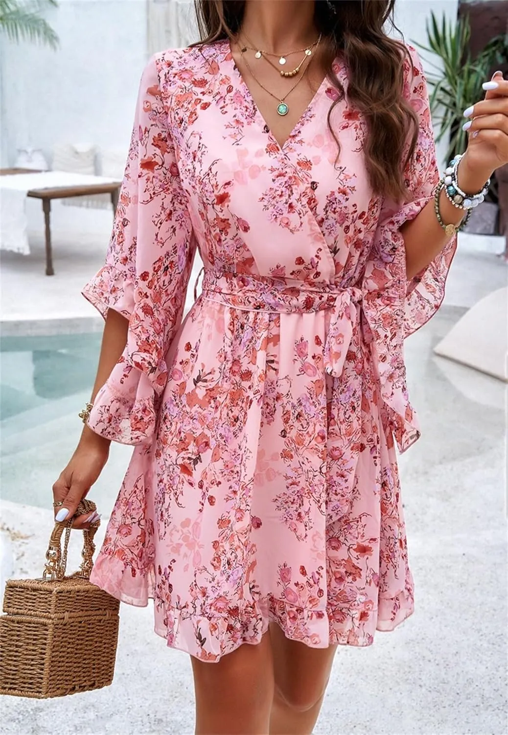 Womens Trendy Summer Dresses Cute Floral Dresses Short Sleeve Mini Dress Ruffle Vacation Dresses Cocktail Party Dress