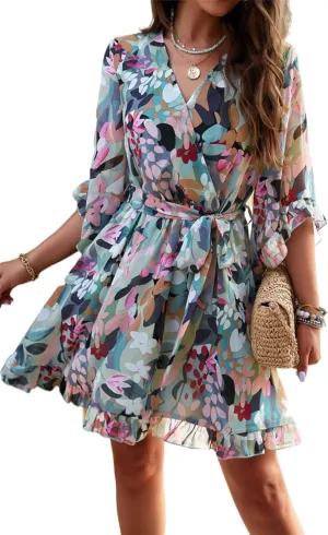 Womens Trendy Summer Dresses Cute Floral Dresses Short Sleeve Mini Dress Ruffle Vacation Dresses Cocktail Party Dress