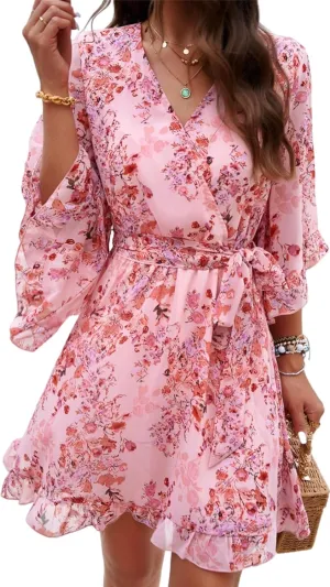 Womens Trendy Summer Dresses Cute Floral Dresses Short Sleeve Mini Dress Ruffle Vacation Dresses Cocktail Party Dress