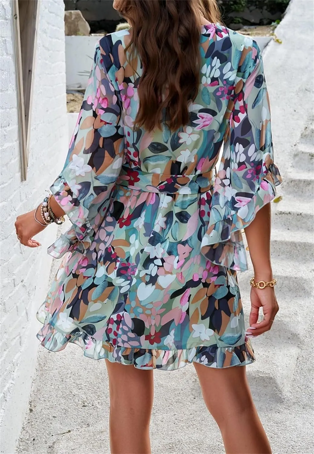 Womens Trendy Summer Dresses Cute Floral Dresses Short Sleeve Mini Dress Ruffle Vacation Dresses Cocktail Party Dress