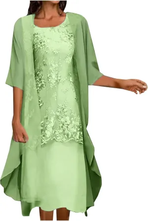 Womens Two-Piece Set Floral Print Midi Sleeveless Dress with Cardigan Chiffon Flowy Plus Size Wedding Guest Dresses