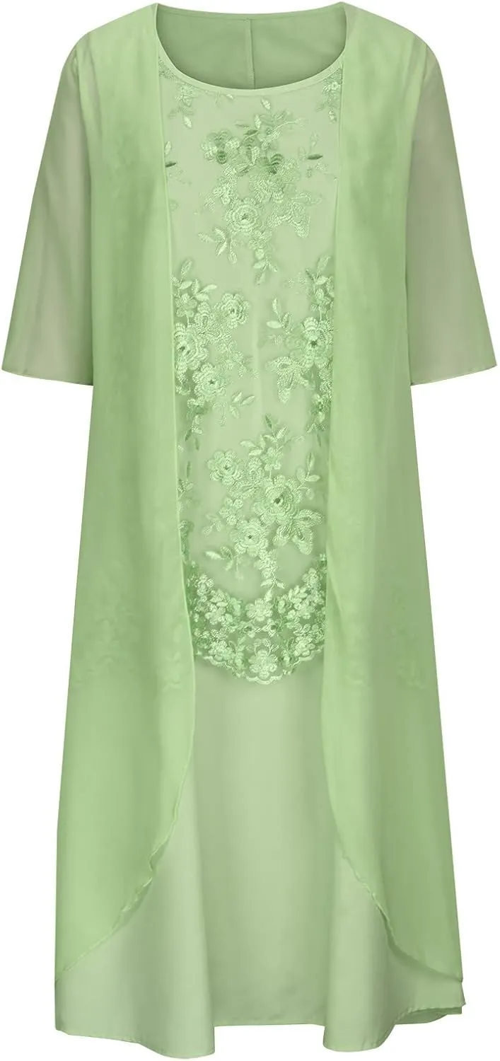 Womens Two-Piece Set Floral Print Midi Sleeveless Dress with Cardigan Chiffon Flowy Plus Size Wedding Guest Dresses