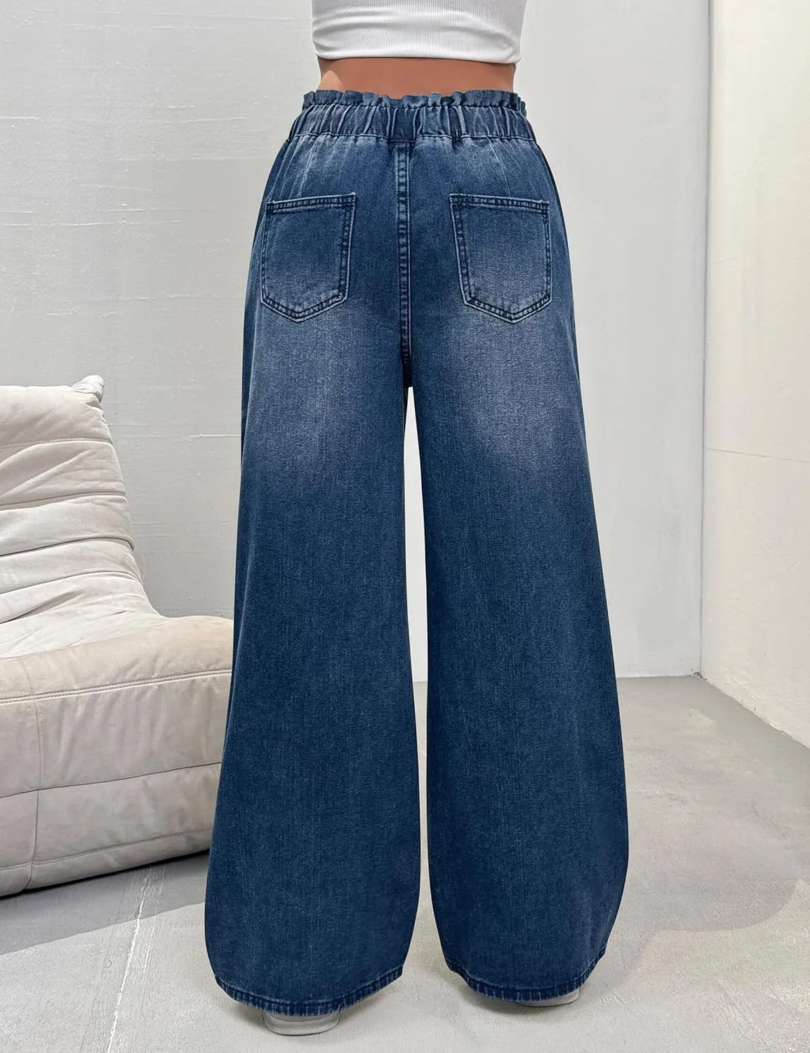 Women's Wide Leg Baggy Jeans Elastic High Waist Barrel Jean Loose Boyfriend Denim Pants with Drawstring