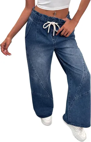 Women's Wide Leg Baggy Jeans Elastic High Waist Barrel Jean Loose Boyfriend Denim Pants with Drawstring