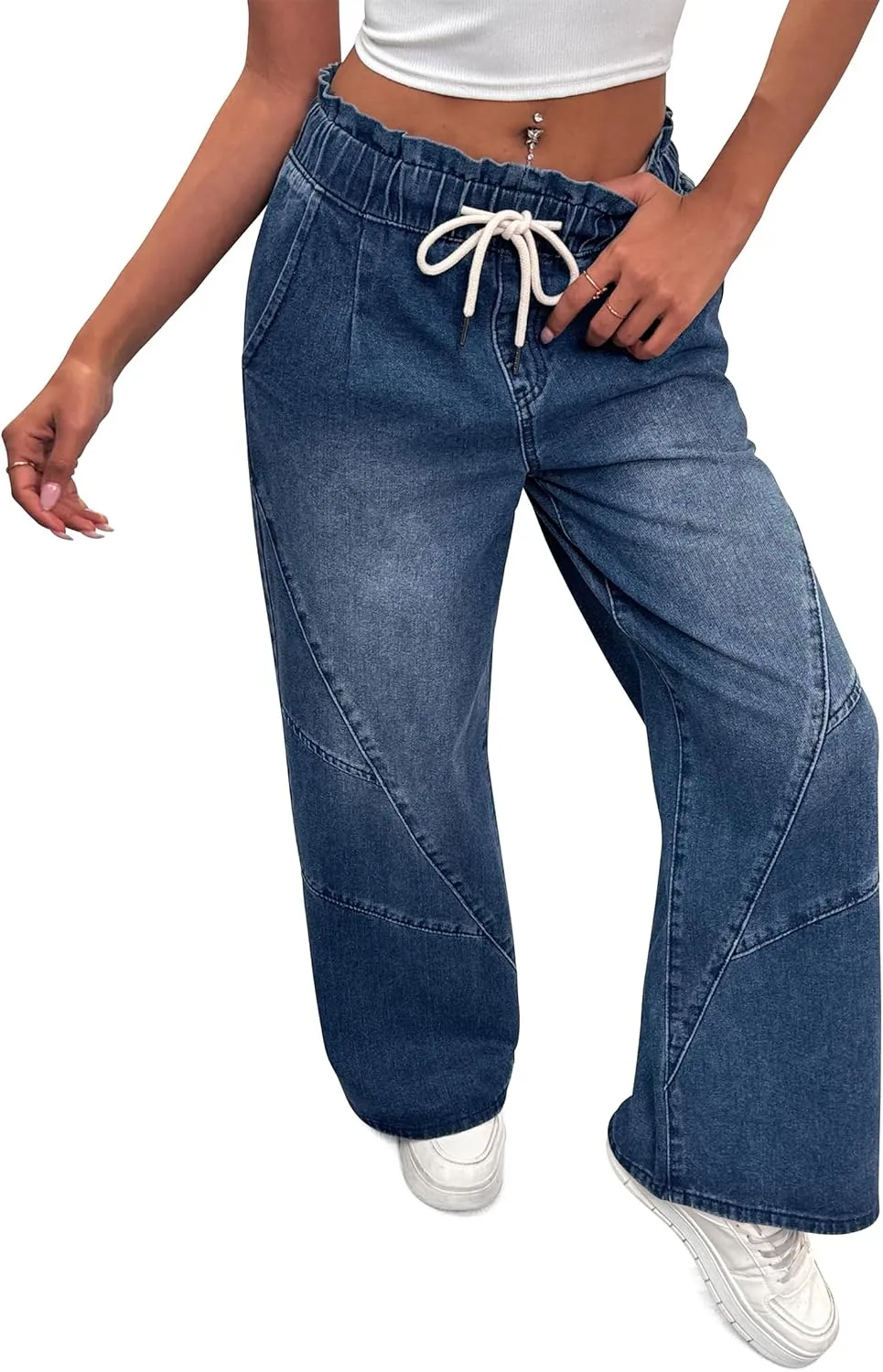 Women's Wide Leg Baggy Jeans Elastic High Waist Barrel Jean Loose Boyfriend Denim Pants with Drawstring