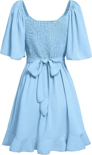 Women's Wrap V Neck Short Flared Sleeve Wedding Guest Dress Smocked Elastic Waist Tiered Belted Ruffle Hem Mini Dresses 2025
