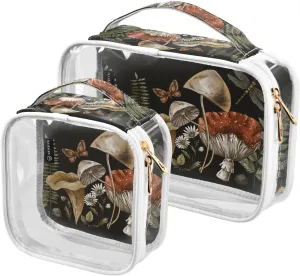 Woodland-treasures-amanita-mushroom 2 Pack Clear Toiletry Bag Women Men, Portable Waterproof Clear Pouch, Cosmetic Bag with Double Zippers Large Opening Traveling with Handle for Bathroom Traveling Va