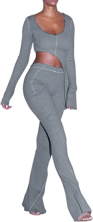 XLLAIS Women 2 Piece Outfits Rib Knit Pullover Sweater Top Long Flare Pants Set Sweatsuits Tracksuit