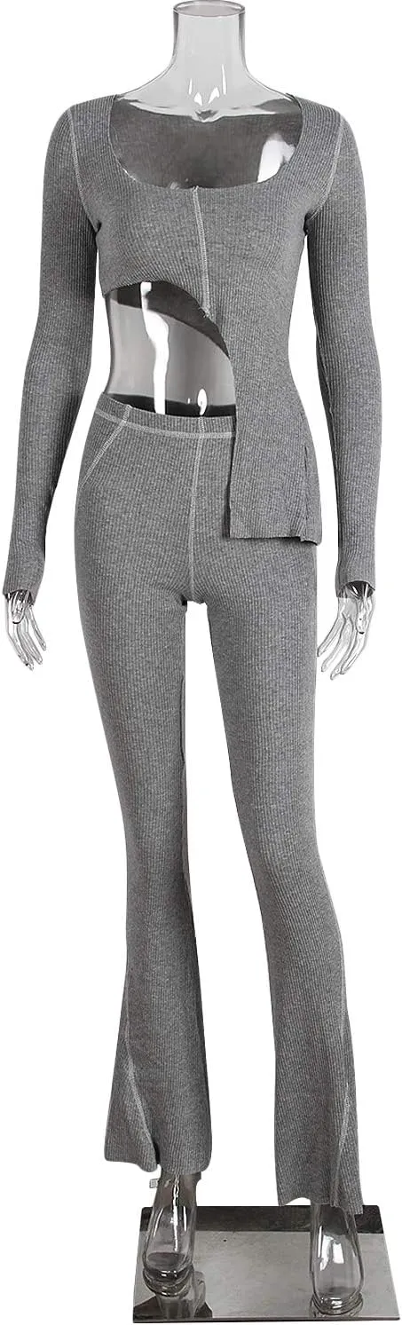 XLLAIS Women 2 Piece Outfits Rib Knit Pullover Sweater Top Long Flare Pants Set Sweatsuits Tracksuit