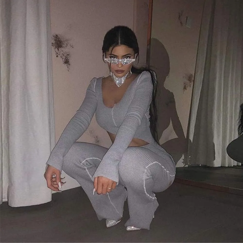 XLLAIS Women 2 Piece Outfits Rib Knit Pullover Sweater Top Long Flare Pants Set Sweatsuits Tracksuit