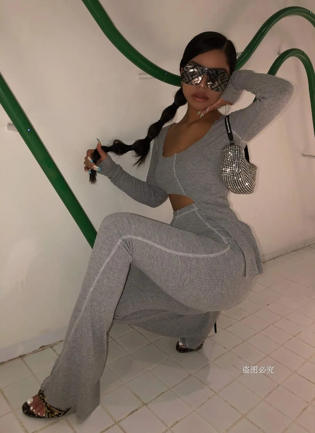 XLLAIS Women 2 Piece Outfits Rib Knit Pullover Sweater Top Long Flare Pants Set Sweatsuits Tracksuit