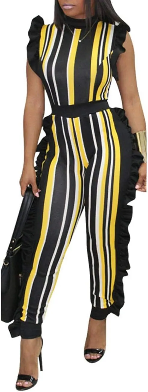 xxxiticat Women's Africa Style Striped Jumpsuit Plus Size Romper Colorful Sleeveless Long Pants Ruffle Overalls Sexy Clubwear