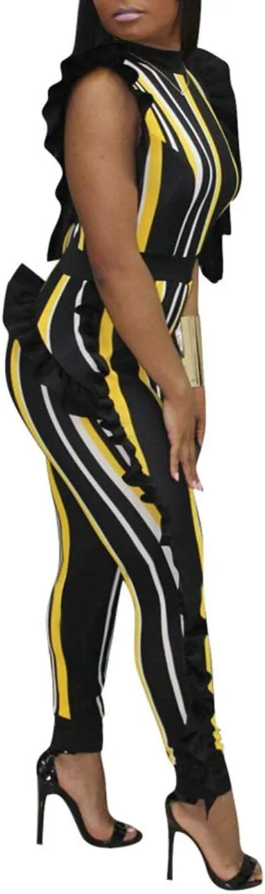 xxxiticat Women's Africa Style Striped Jumpsuit Plus Size Romper Colorful Sleeveless Long Pants Ruffle Overalls Sexy Clubwear