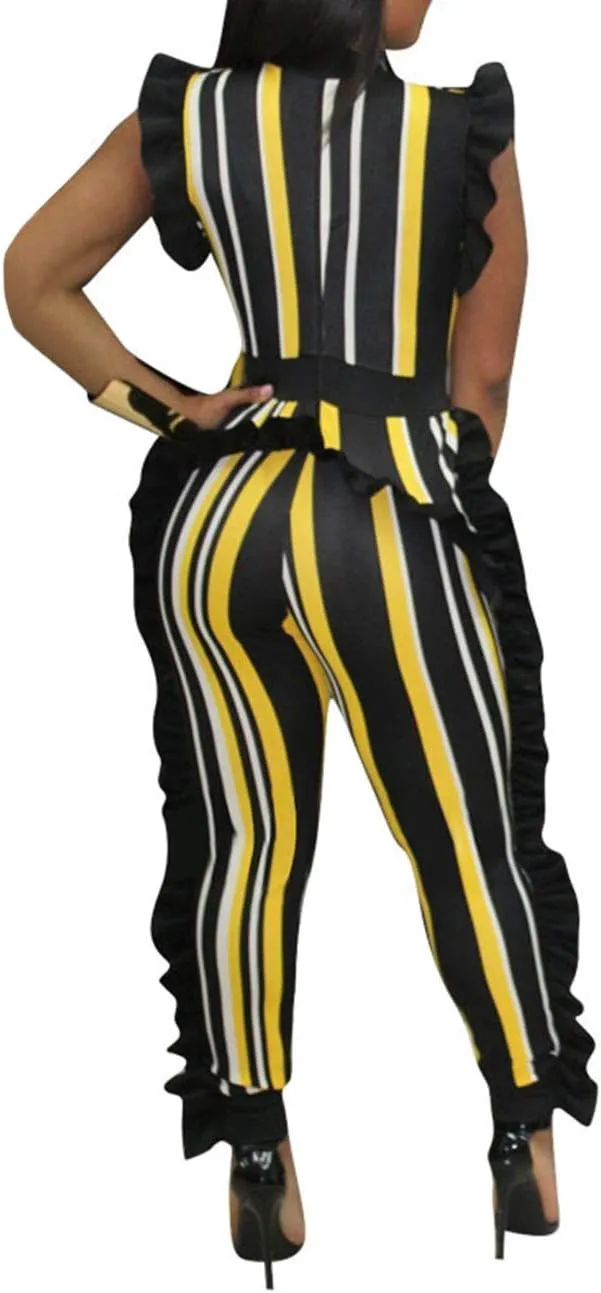 xxxiticat Women's Africa Style Striped Jumpsuit Plus Size Romper Colorful Sleeveless Long Pants Ruffle Overalls Sexy Clubwear
