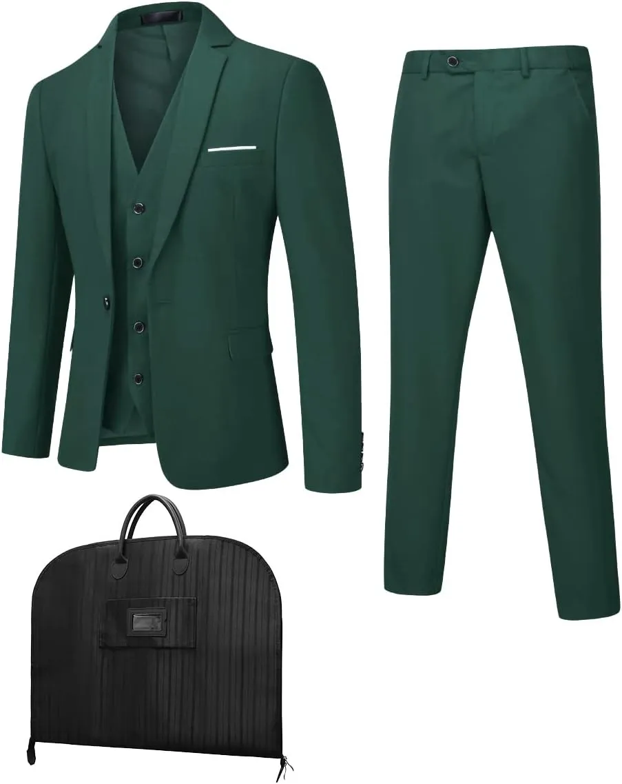 YFFUSHI Men's 3 Piece Suit Set Slim Fit One Button Solid Jacket Vest Pants with Suit Bags