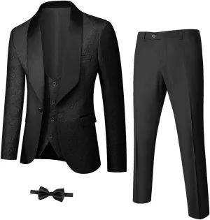 YND Men's 3 Piece Slim Fit Tuxedo Set, Solid Shawl Collar Jacquard Jacket Vest Button Pants