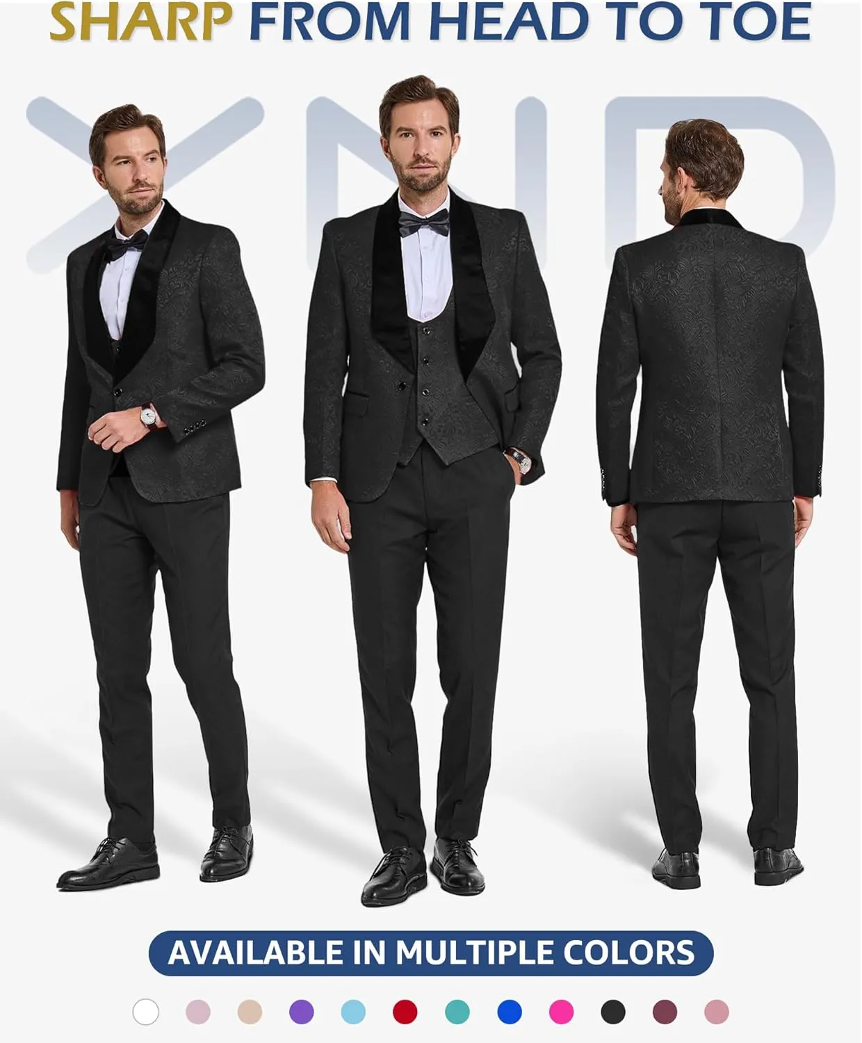 YND Men's 3 Piece Slim Fit Tuxedo Set, Solid Shawl Collar Jacquard Jacket Vest Button Pants
