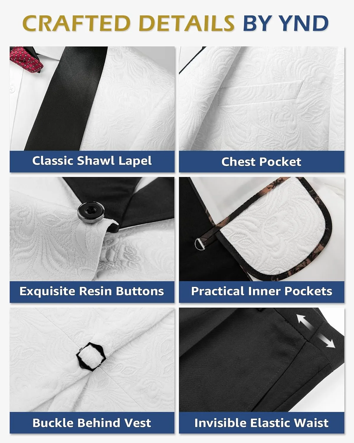 YND Men's 3 Piece Slim Fit Tuxedo Set, Solid Shawl Collar Jacquard Jacket Vest Button Pants