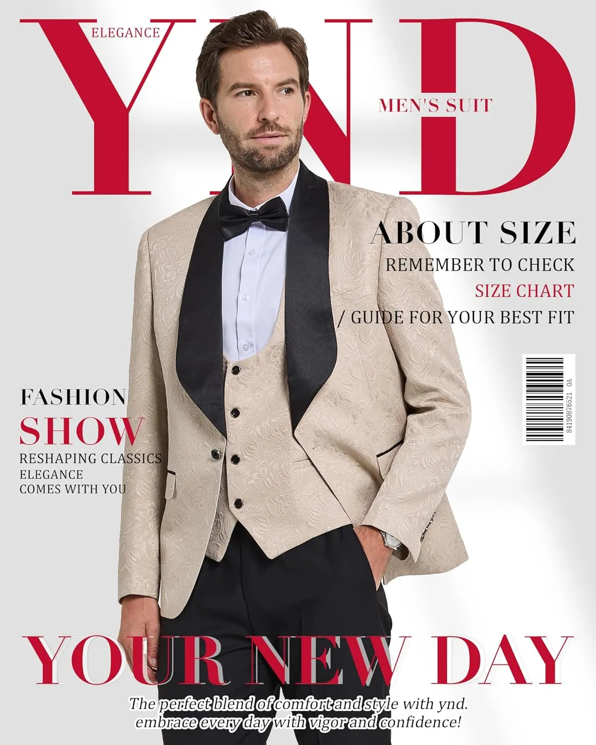YND Men's 3 Piece Slim Fit Tuxedo Set, Solid Shawl Collar Jacquard Jacket Vest Button Pants