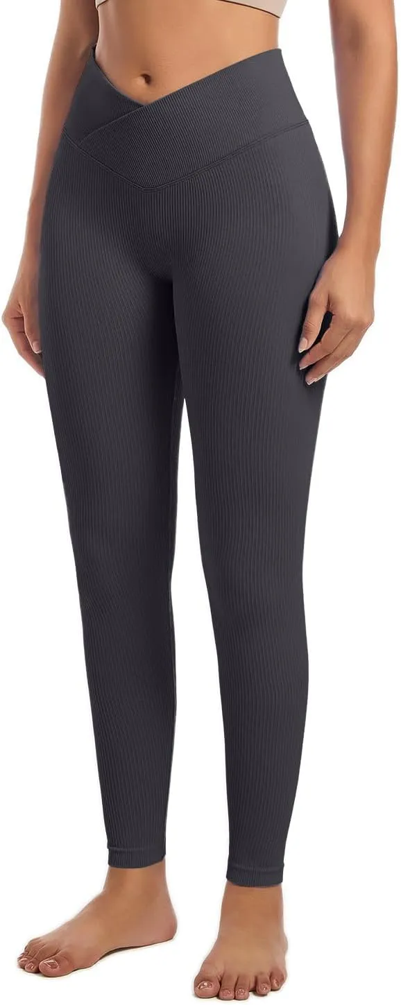 YOAKUKA Yoga Ribbed Leggings for Women High Waisted Tummy Control Seamless Butt Lifting Crossover Workout Gym Athletic Pants