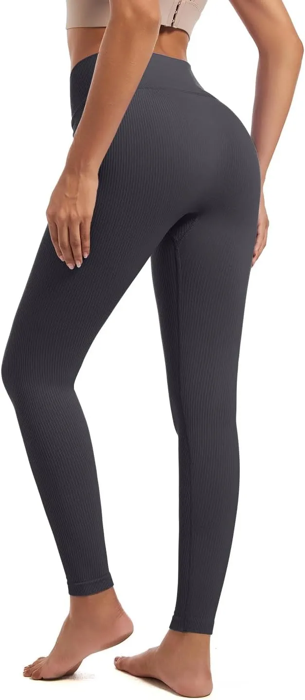 YOAKUKA Yoga Ribbed Leggings for Women High Waisted Tummy Control Seamless Butt Lifting Crossover Workout Gym Athletic Pants