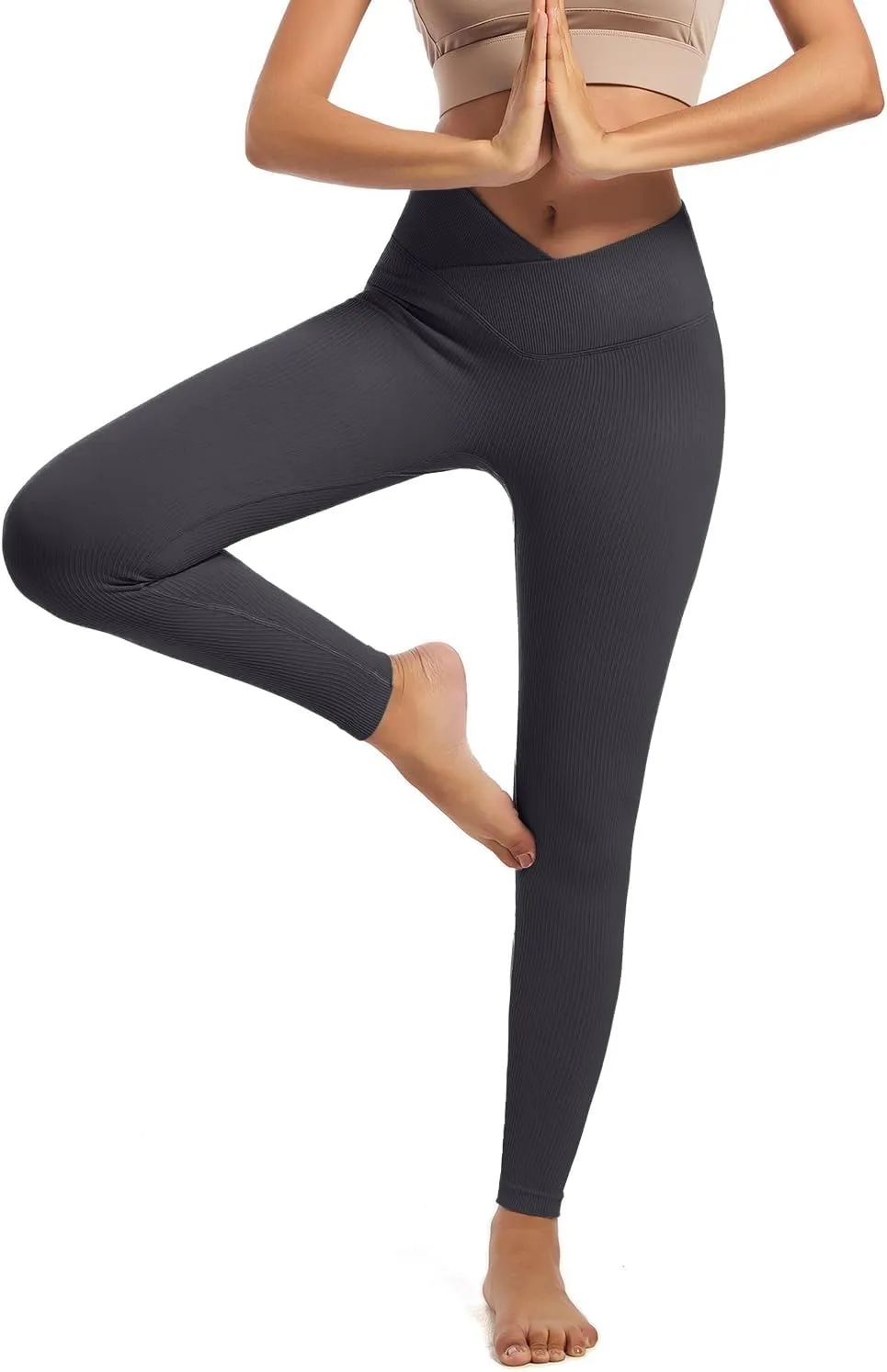YOAKUKA Yoga Ribbed Leggings for Women High Waisted Tummy Control Seamless Butt Lifting Crossover Workout Gym Athletic Pants