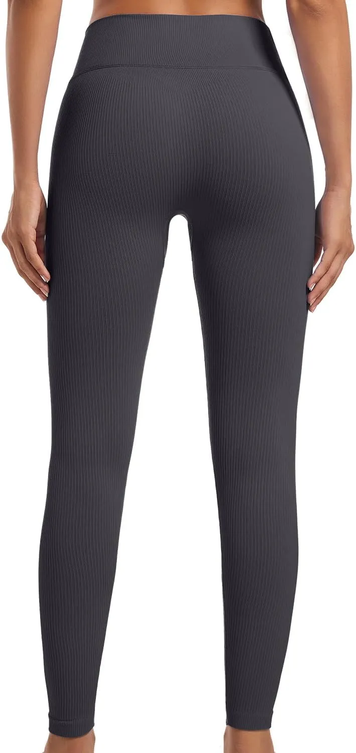 YOAKUKA Yoga Ribbed Leggings for Women High Waisted Tummy Control Seamless Butt Lifting Crossover Workout Gym Athletic Pants