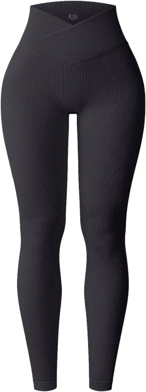 YOAKUKA Yoga Ribbed Leggings for Women High Waisted Tummy Control Seamless Butt Lifting Crossover Workout Gym Athletic Pants