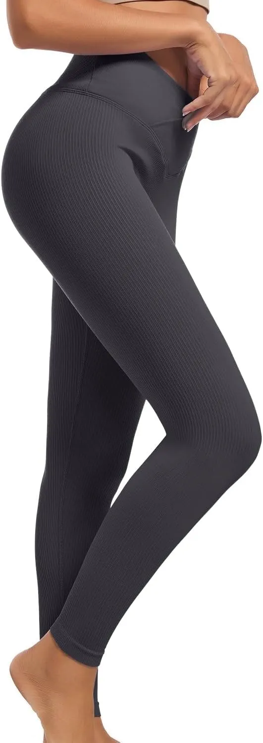 YOAKUKA Yoga Ribbed Leggings for Women High Waisted Tummy Control Seamless Butt Lifting Crossover Workout Gym Athletic Pants