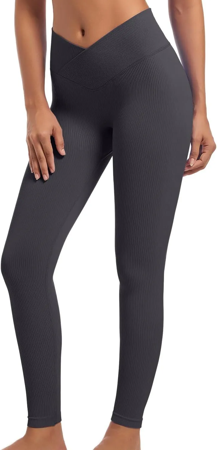 YOAKUKA Yoga Ribbed Leggings for Women High Waisted Tummy Control Seamless Butt Lifting Crossover Workout Gym Athletic Pants