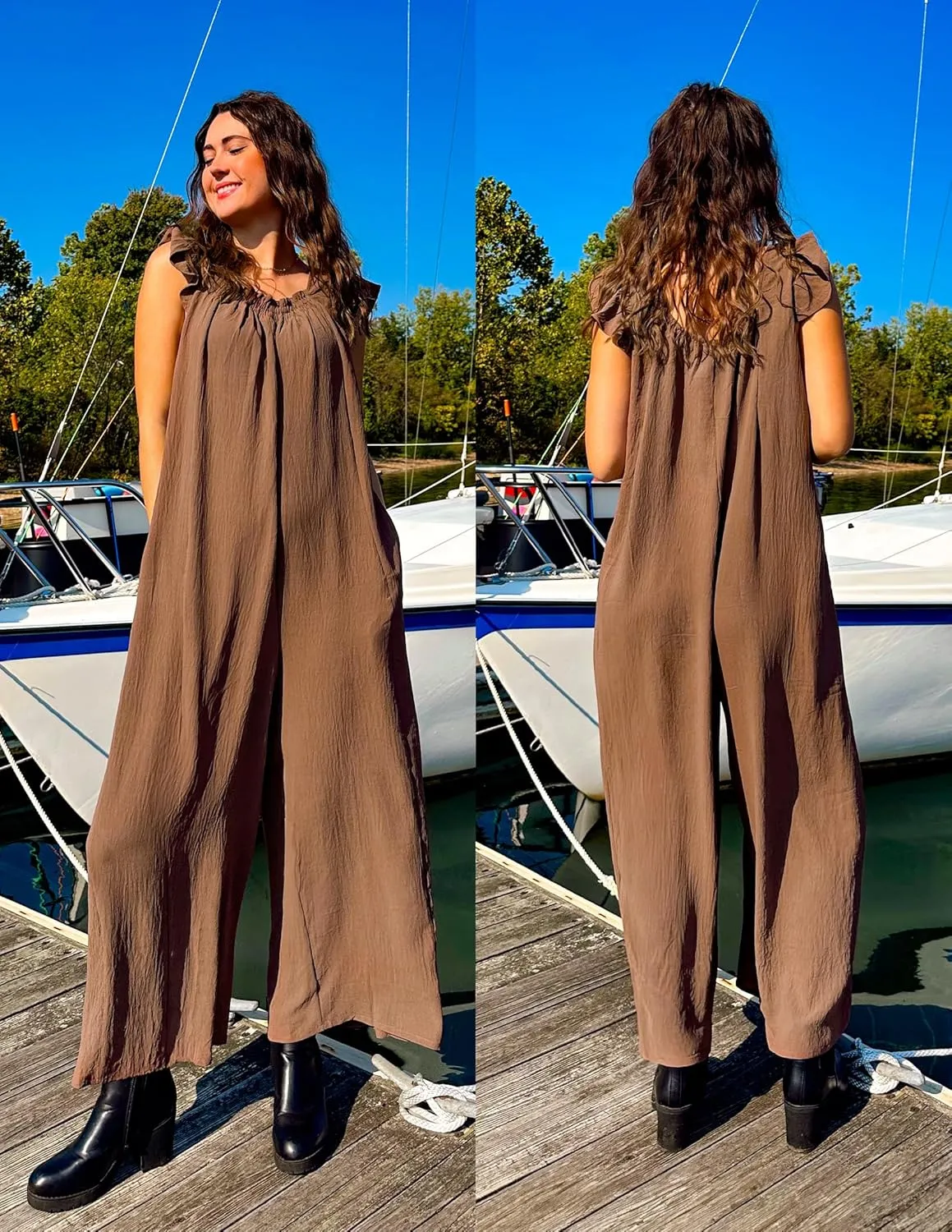 ZESICA Women's Summer Loose Jumpsuit Casual V Neck Sleeveless Oversized Wide Leg Pant Overalls Romper with Pockets