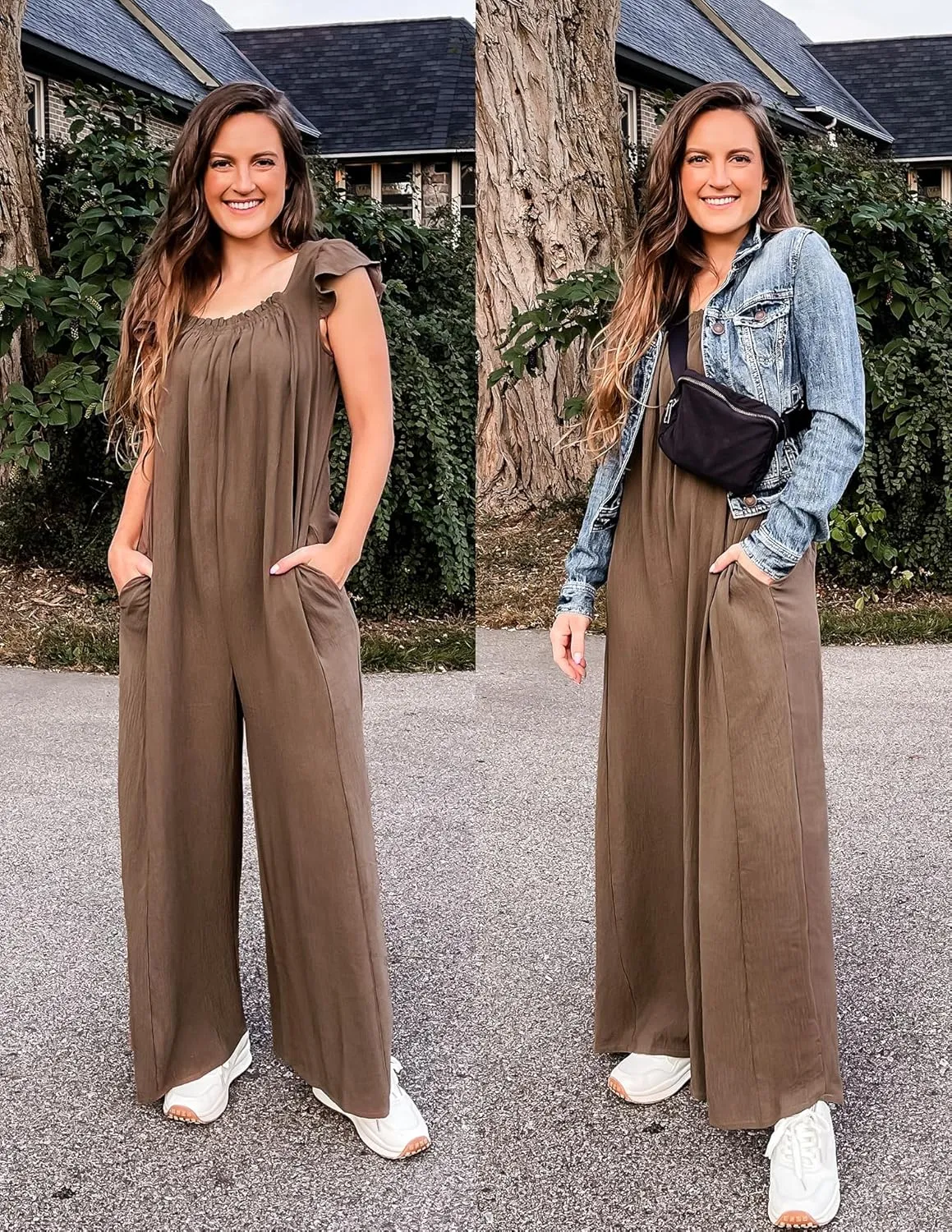 ZESICA Women's Summer Loose Jumpsuit Casual V Neck Sleeveless Oversized Wide Leg Pant Overalls Romper with Pockets