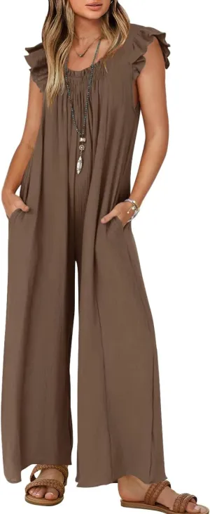 ZESICA Women's Summer Loose Jumpsuit Casual V Neck Sleeveless Oversized Wide Leg Pant Overalls Romper with Pockets