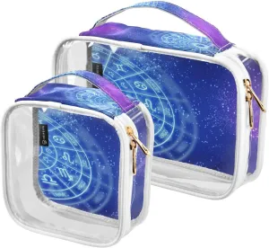 Zodiac-circle 2 Pack Clear Toiletry Bag Women Men, Portable Waterproof Clear Pouch, Cosmetic Bag with Double Zippers Large Opening Traveling with Handle for Bathroom Traveling Vacation Organizing