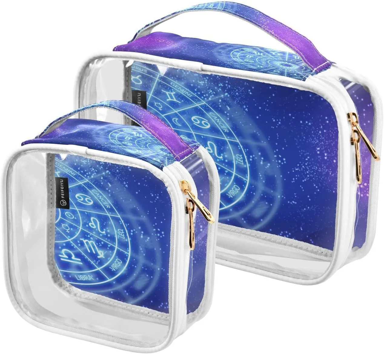 Zodiac-circle 2 Pack Clear Toiletry Bag Women Men, Portable Waterproof Clear Pouch, Cosmetic Bag with Double Zippers Large Opening Traveling with Handle for Bathroom Traveling Vacation Organizing