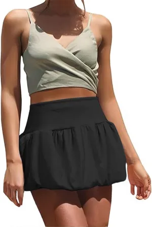 ZYXTIM Bubble Skirts for Women Elastic High Waisted Ruffle Hem A Line Balloon Skirt Petite Slim Fit Solid Y2k Cute Mini Dress