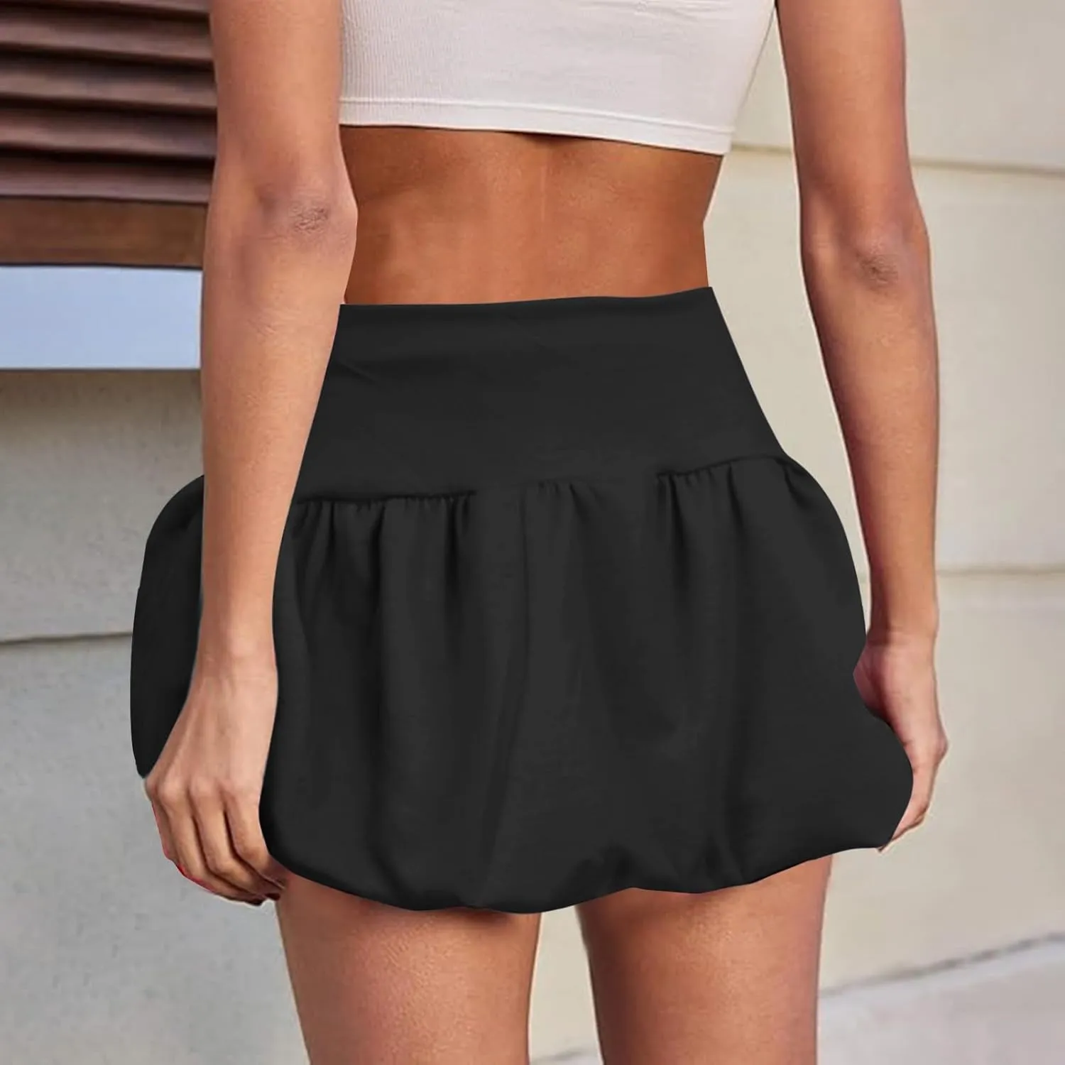 ZYXTIM Bubble Skirts for Women Elastic High Waisted Ruffle Hem A Line Balloon Skirt Petite Slim Fit Solid Y2k Cute Mini Dress